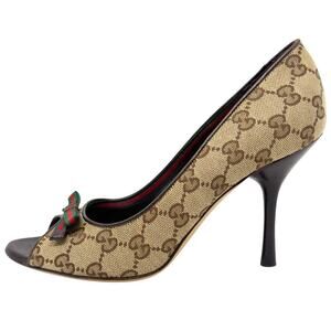 Gucci GG Guccissima Supreme Canvas Red Green Web Ophidia Bow Peep Toe Heels 37.5
